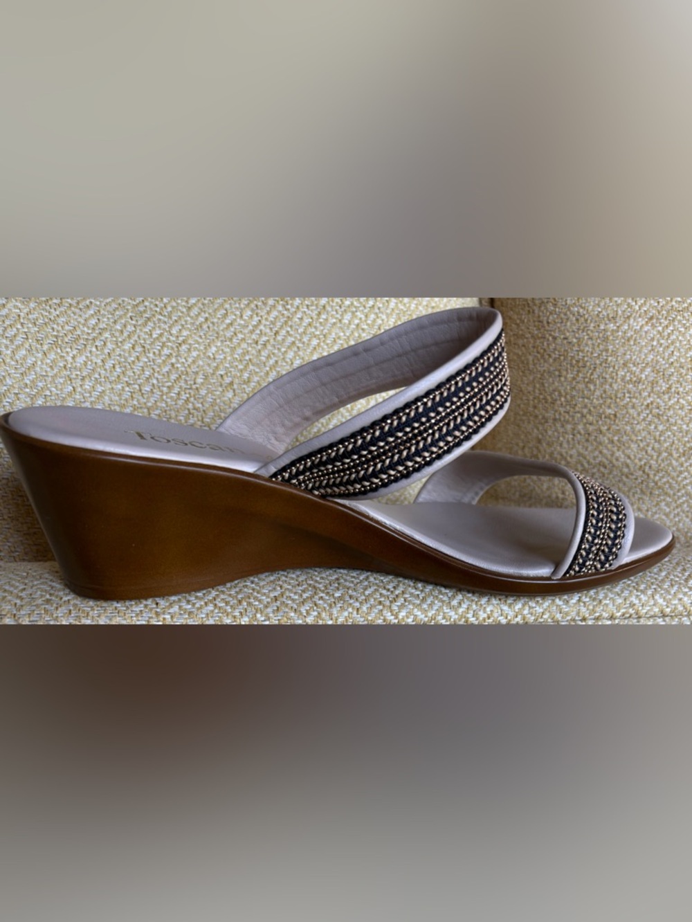 Toscanella Handmade 2” Wedge Slip-on Sandal w Woven Black & Gold Bead Straps 8.5 - Picture 3 of 9